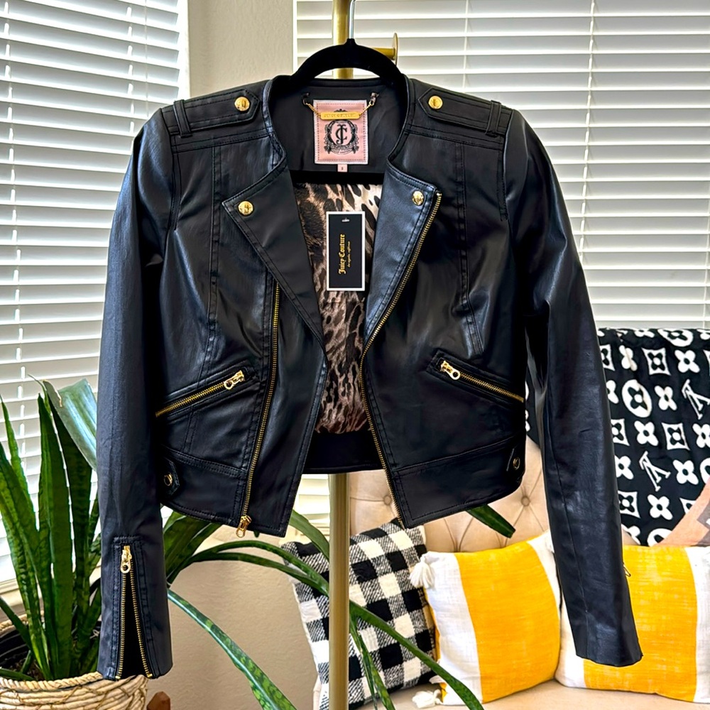 NWT! JUICY COUTURE Black Faux Leather Moto Jacket Size S Leopard Print Lining - Picture 1 of 7